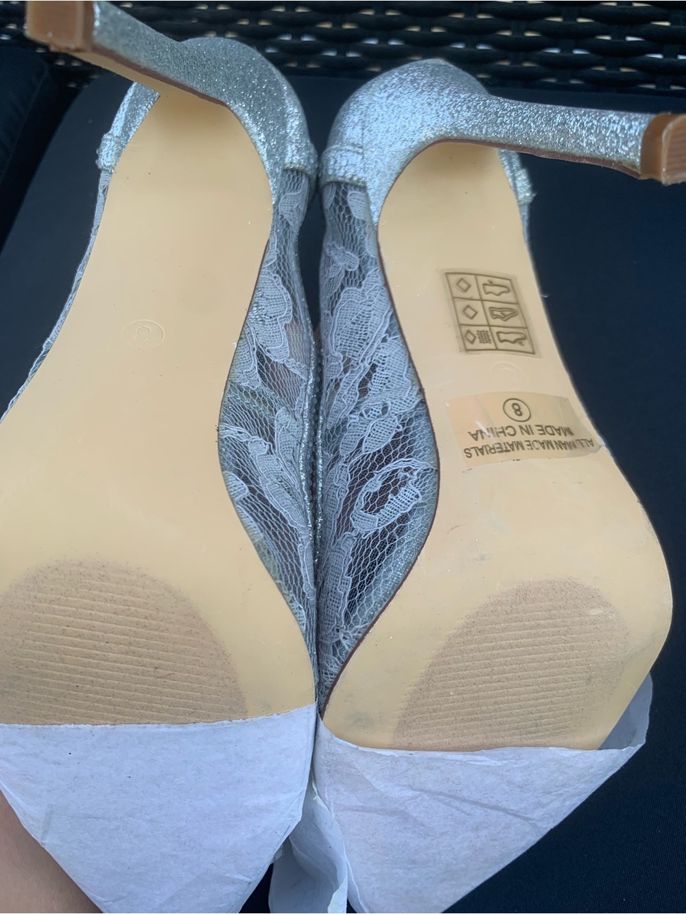 NWOT Silver Lace & Glitter High Heel Pumps with Crystal Accent - Picture 5 of 13